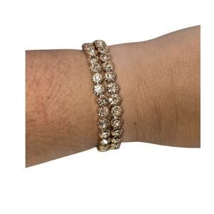 Double Row Rhinestone Bracelet Gold Tone Sparkle Cuff – Soft Glam Elegant